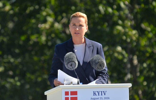 Prime Minister of Denmark Mette Frederiksen participates in the State Flag raising ceremony at the National Museum of the History of Ukraine in the Second World War Memorial Complex on National Flag Day, Kyiv, Ukraine, August 23, 2026. (Photo by Yevhen Kotenko Ukrinform) Raising of State Flag of Ukraine in Kyiv  Copyright: xYevhenxKotenkox