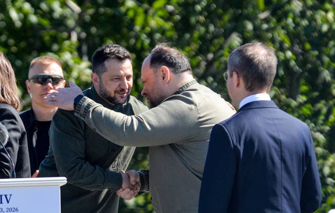 President of Ukraine Volodymyr Zelenskyy (L) and Speaker of the Ukrainian Parliament Ruslan Stefanchuk shares an embrace during the ceremony to raise the State Flag at the National Museum of the History of Ukraine in the Second World War Memorial Complex on National Flag Day, Kyiv, Ukraine, August 23, 2026. (Photo by Yevhen Kotenko Ukrinform) Raising of State Flag of Ukraine in Kyiv  Copyright: xYevhenxKotenkox