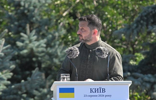 President of Ukraine Volodymyr Zelenskyy delivers a speech during the ceremony to raise the State Flag at the National Museum of the History of Ukraine in the Second World War Memorial Complex on National Flag Day, Kyiv, Ukraine, August 23, 2026. (Photo by Yevhen Kotenko Ukrinform) Raising of State Flag of Ukraine in Kyiv  Copyright: xYevhenxKotenkox