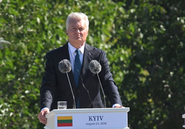 President of Lithuania Gitanas Nauseda participates in the ceremony to raise the State Flag at the National Museum of the History of Ukraine in the Second World War Memorial Complex on National Flag Day, Kyiv, Ukraine, August 23, 2026. (Photo by Yevhen Kotenko Ukrinform) Raising of State Flag of Ukraine in Kyiv  Copyright: xYevhenxKotenkox
