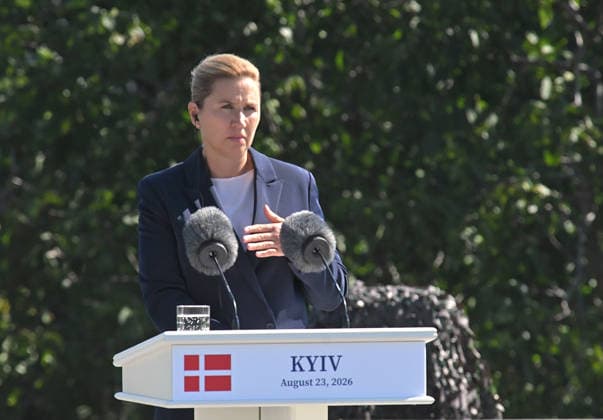 Prime Minister of Denmark Mette Frederiksen participates in the ceremony to raise the State Flag at the National Museum of the History of Ukraine in the Second World War Memorial Complex on National Flag Day, Kyiv, Ukraine, August 23, 2026. (Photo by Yevhen Kotenko Ukrinform) Raising of State Flag of Ukraine in Kyiv  Copyright: xYevhenxKotenkox