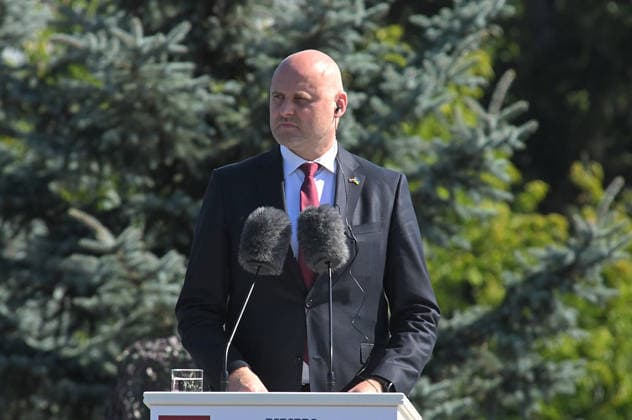 Prime Minister of Latvia Andris Kulbergs participates in the ceremony to raise the State Flag at the National Museum of the History of Ukraine in the Second World War Memorial Complex on National Flag Day, Kyiv, Ukraine, August 23, 2026. (Photo by Yevhen Kotenko Ukrinform) Raising of State Flag of Ukraine in Kyiv  Copyright: xYevhenxKotenkox
