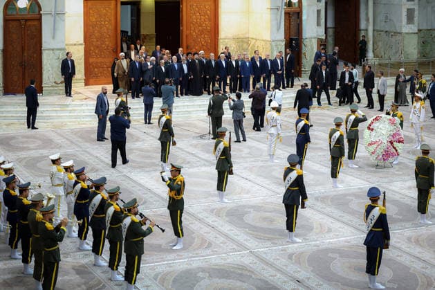 President Masoud Pezeshkian attends an event to mark the first day of the Government Week at the mausoleum of Ayatollah Ruhollah Khomeini, the founder of the Islamic Republic of Iran, in Tehran, Iran on August 23, 2026. Iranian President Masoud Pezeshkian declared that no power will be able to force the Iranian people into surrender. He dismissed claims that sanctions would turn Iran into another Venezuela, saying that has not happened. He stressed the need to begin conserving gasoline consumption through government measures, including a plan to reduce the number and fuel use of government vehicles.  IRN2026082309 IranianxPresidency