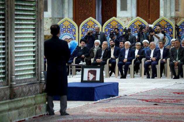 President Masoud Pezeshkian (3-L) attends an event to mark the first day of the Government Week at the mausoleum of Ayatollah Ruhollah Khomeini, the founder of the Islamic Republic of Iran, in Tehran, Iran on August 23, 2026. Iranian President Masoud Pezeshkian declared that no power will be able to force the Iranian people into surrender. He dismissed claims that sanctions would turn Iran into another Venezuela, saying that has not happened. He stressed the need to begin conserving gasoline consumption through government measures, including a plan to reduce the number and fuel use of government vehicles.  IRN2026082311 IranianxPresidency