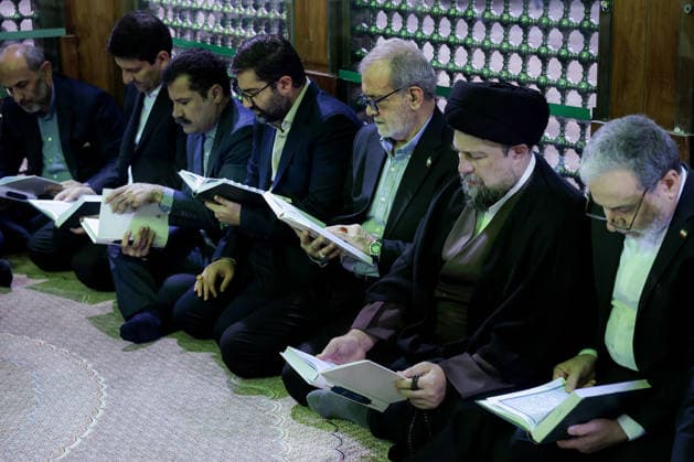 President Masoud Pezeshkian (3-R) attends an event to mark the first day of the Government Week at the mausoleum of Ayatollah Ruhollah Khomeini, the founder of the Islamic Republic of Iran, in Tehran, Iran on August 23, 2026. Iranian President Masoud Pezeshkian declared that no power will be able to force the Iranian people into surrender. He dismissed claims that sanctions would turn Iran into another Venezuela, saying that has not happened. He stressed the need to begin conserving gasoline consumption through government measures, including a plan to reduce the number and fuel use of government vehicles.  IRN2026082316 IranianxPresidency