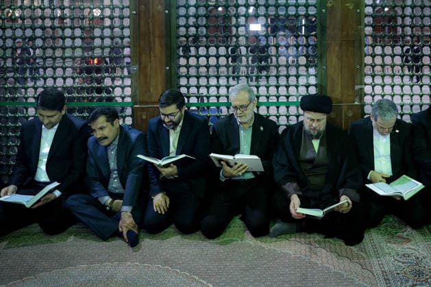 President Masoud Pezeshkian (3-R) attends an event to mark the first day of the Government Week at the mausoleum of Ayatollah Ruhollah Khomeini, the founder of the Islamic Republic of Iran, in Tehran, Iran on August 23, 2026. Iranian President Masoud Pezeshkian declared that no power will be able to force the Iranian people into surrender. He dismissed claims that sanctions would turn Iran into another Venezuela, saying that has not happened. He stressed the need to begin conserving gasoline consumption through government measures, including a plan to reduce the number and fuel use of government vehicles.  IRN20260823210 IranianxPresidency