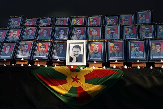 August 23, 2026, Diyarbakir, Turkey: Photographs of 49 PKK guerrillas who died in clashes with the Turkish army and PKK leader Abdullah Ocalan (in the middle), who has been held in prison for 26 years, are seen during the ceremony. Three days of condolences were established and a memorial program was organized in the city of Diyarbakir in Turkey for 49 Kurdistan Workers Party (PKK) guerrillas who died in armed clashes with the Turkish army on different dates in the past years and whose identities have just been announced. Abdullah Ocalan, the leader of the armed Kurdish PKK party who has been in prison in Turkey for 26 years, had decided two years ago to disarm his party and start peace talks with the state of Turkey. Diyarbakir Turkey  - ZUMAs197 20260823_aaa_s197_368 Copyright: xMehmetxMasumxSuerx