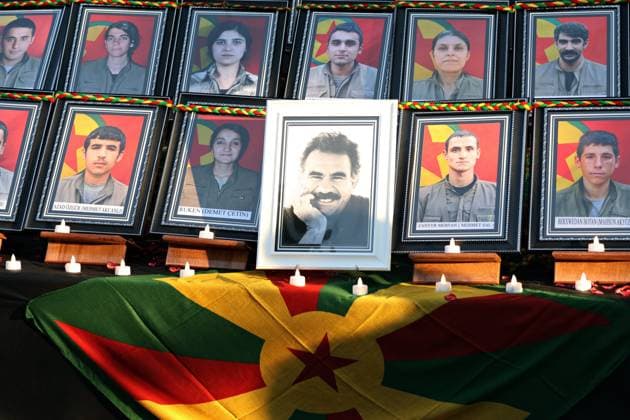 August 23, 2026, Diyarbakir, Turkey: Photographs of 49 PKK guerrillas who died in clashes with the Turkish army and PKK leader Abdullah Ocalan (in the middle), who has been held in prison for 26 years, are seen during the ceremony. Three days of condolences were established and a memorial program was organized in the city of Diyarbakir in Turkey for 49 Kurdistan Workers Party (PKK) guerrillas who died in armed clashes with the Turkish army on different dates in the past years and whose identities have just been announced. Abdullah Ocalan, the leader of the armed Kurdish PKK party who has been in prison in Turkey for 26 years, had decided two years ago to disarm his party and start peace talks with the state of Turkey. Diyarbakir Turkey  - ZUMAs197 20260823_aaa_s197_370 Copyright: xMehmetxMasumxSuerx