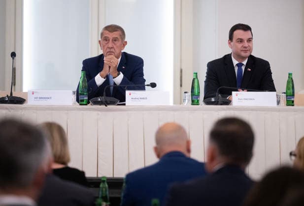Meeting of heads of Czech diplomatic missions begins in Prague, Czech Republic, on August 24, 2026. On the photo are seen, from left, Prime Minister Andrej Babis (ANO) and Foreign Affairs Minister Petr Macinka (Motorists). (CTKxPhoto MichaelaxRihova) CTKPhotoP2026082401863  CTKPhotoP2026082401863
