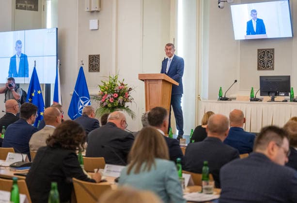 Meeting of heads of Czech diplomatic missions begins in Prague, Czech Republic, on August 24, 2026. On the photo speaks Prime Minister Andrej Babis (ANO). (CTKxPhoto MichaelaxRihova) CTKPhotoP2026082401960  CTKPhotoP2026082401960