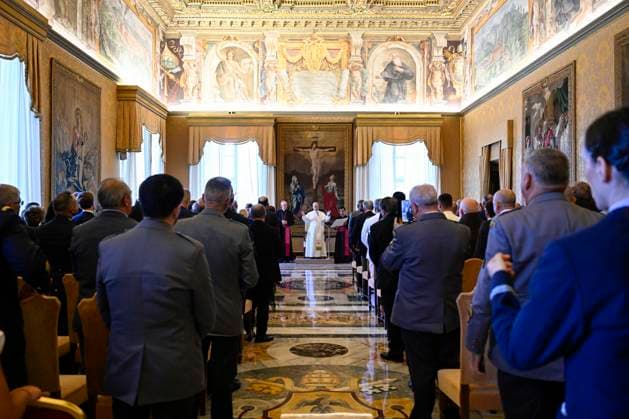 VATICAN - POPE LEO XIV RECEIVES IN PRIVATE AUDIECE DELEGATION OF THE MILITARY ORDINARIATE FOR PORTUGAL AT THE VATICAN- 2026 8 24 Italy , Roma , Vatican, 2026 8 24 Pope Leo XIV receives in private audience Delegation of the Military Ordinariate for Portugal at the Vatican EDITORIAL USE ONLY - NO BOOKS Copyright: xVATICANxMEDIAx