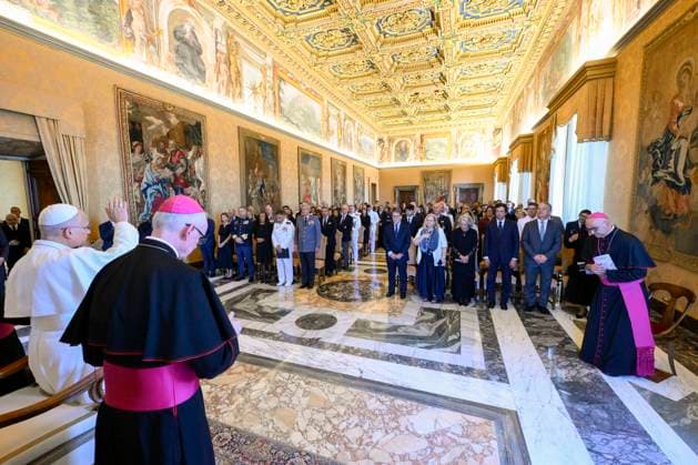 VATICAN - POPE LEO XIV RECEIVES IN PRIVATE AUDIECE DELEGATION OF THE MILITARY ORDINARIATE FOR PORTUGAL AT THE VATICAN- 2026 8 24 Italy , Roma , Vatican, 2026 8 24 Pope Leo XIV receives in private audience Delegation of the Military Ordinariate for Portugal at the Vatican EDITORIAL USE ONLY - NO BOOKS Copyright: xVATICANxMEDIAx
