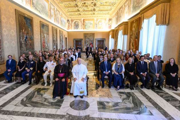 VATICAN - POPE LEO XIV RECEIVES IN PRIVATE AUDIECE DELEGATION OF THE MILITARY ORDINARIATE FOR PORTUGAL AT THE VATICAN- 2026 8 24 Italy , Roma , Vatican, 2026 8 24 Pope Leo XIV receives in private audience Delegation of the Military Ordinariate for Portugal at the Vatican EDITORIAL USE ONLY - NO BOOKS Copyright: xVATICANxMEDIAx