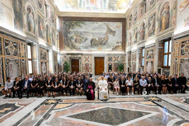 VATICAN - POPE LEO XIV RECEIVES IN PRIVATE AUDIECE DELEGATION OF THE MILITARY ORDINARIATE FOR PORTUGAL MEMEBERS OF THE MARSODETO FOUNDATION AT THE VATICAN- 2026 8 24 Italy , Roma , Vatican, 2026 8 24 Pope Leo XIV receives in private audience Members of the Marsodeto Foundation at the Vatican EDITORIAL USE ONLY - NO BOOKS Copyright: xVATICANxMEDIAx