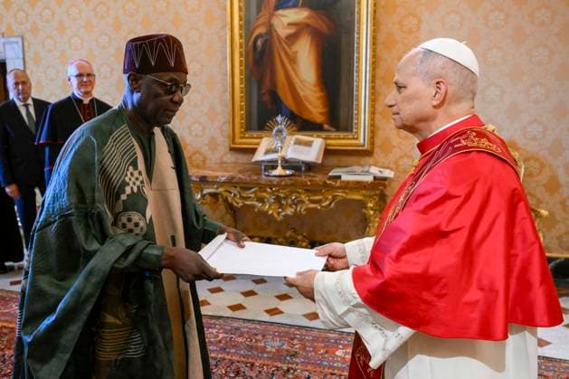 VATICAN - POPE LEO XIV RECEIVES IN PRIVATE AUDIECE THE PRESENTATION PF THE LETTERS OF CREDENCE BY HIS EXCELLECY MR PAUL ADIKWU OGA AT THE VATICAN- 2026 8 24 Italy , Roma , Vatican, 2026 8 24 Papa Leone XIV receives in private audience The Presentation of the Letters of Credence by His Excellency Mr. Paul Adikwu Oga, Ambassador of the Federal Republic of Nigeria at the Vatican EDITORIAL USE ONLY - NO BOOKS Copyright: xVATICANxMEDIAx