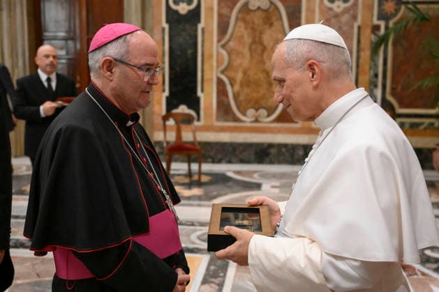 VATICAN - POPE LEO XIV RECEIVES IN PRIVATE AUDIECE DELEGATION OF THE MILITARY ORDINARIATE FOR PORTUGAL MEMEBERS OF THE MARSODETO FOUNDATION AT THE VATICAN- 2026 8 24 Italy , Roma , Vatican, 2026 8 24 Pope Leo XIV receives in private audience Members of the Marsodeto Foundation at the Vatican EDITORIAL USE ONLY - NO BOOKS Copyright: xVATICANxMEDIAx