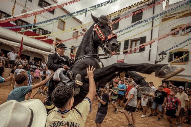 August 24, 2026, Ferreries, Menorca Balearic Islands, Spain: A caixer, or horse rider, rears his horse amid a cheering crowd during the traditional Jaleo at the Sant Bartomeu Festival in Ferreries. Ferreries Spain - ZUMAo105 20260824_fap_o105_002 Copyright: xMatthiasxOesterlex