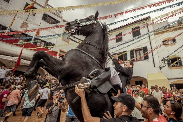 August 24, 2026, Ferreries, Menorca Balearic Islands, Spain: A caixer, or horse rider, rears his horse amid a cheering crowd during the traditional Jaleo at the Sant Bartomeu Festival in Ferreries. Ferreries Spain - ZUMAo105 20260824_fap_o105_007 Copyright: xMatthiasxOesterlex