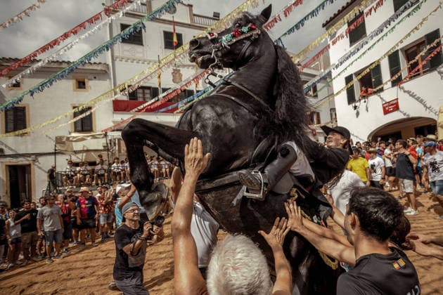 August 24, 2026, Ferreries, Menorca Balearic Islands, Spain: A caixer, or horse rider, rears his horse amid a cheering crowd during the traditional Jaleo at the Sant Bartomeu Festival in Ferreries. Ferreries Spain  - ZUMAo105 20260824_fap_o105_037 Copyright: xMatthiasxOesterlex
