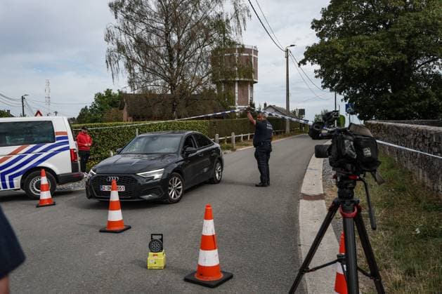 Police forces pictured inside a large security perimeter was set by police around Onhaye soccer club, Monday 24 August 2026, in Onhaye. Public prosecutor office confirmed a dead body was found but nothing more so far.  BRUNOxFAHY 184188274