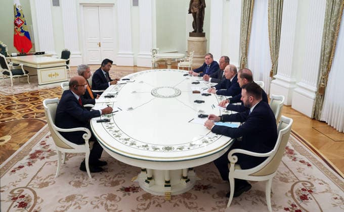 RECORD DATE NOT STATED Russian President Vladimir Putin receives EAM S Jaishankar at the Kremlin Moscow Russia , Aug 24 (ANI): Russian President Vladimir Putin during a meeting with External Affairs Minister S Jaishankar at the Kremlin, in Moscow on Monday. (@mfa_russia X ANI Photo) Moscow Russia Copyright: xANIx ANI_20260824413