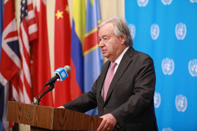(260824) -- UNITED NATIONS, Aug. 24, 2026 -- UN Secretary-General Antonio Guterres speaks at a press encounter at the UN headquarters in New York, Aug. 24, 2026. UN Secretary-General Antonio Guterres on Monday called for engagement and cooperation of relevant parties for a confidence-building mechanism that aims to safeguard the movement of essential goods through maritime chokepoints. TO GO WITH UN chief calls for cooperation on maritime shipping mechanism ) UN-GUTERRES-PRESS ENCOUNTER-MARITIME SHIPPING XiexE 