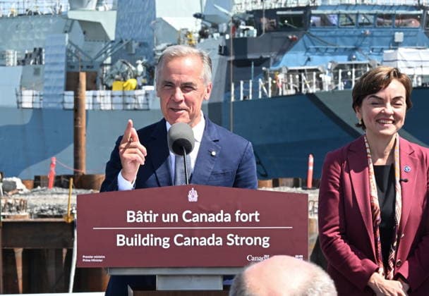 August 24, 2026, Levis, Pq, Canada: Prime Minister Mark Carney speaks as he announces a 1.3 billion contract for icebreakers at the Davie shipyard in Levis, Quebec on Monday, August 24, 2026. Quebec Premier Christine Frechette, right, looks on. Levis Canada  - ZUMAc35_ 20260824_zaf_c35_027 Copyright: xJacquesxBoissinotx