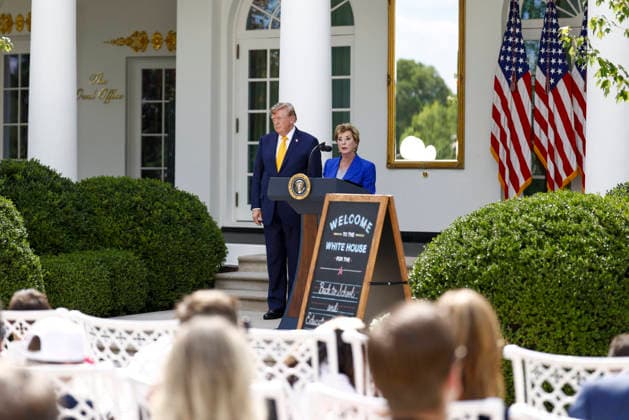 White House Coverage Secretary of Education Linda McMahon, with US President Donald Trump, delivers remarks during an education event in the Rose Garden of the White House in Washington DC, USA, 24 August 2026. President Trump and Secretary McMahon highlighted the administration’s school choice program as the new academic year begins. WASHINGTON DISTRICT OF COLUMBIA United States  Copyright: xPool ABACAx