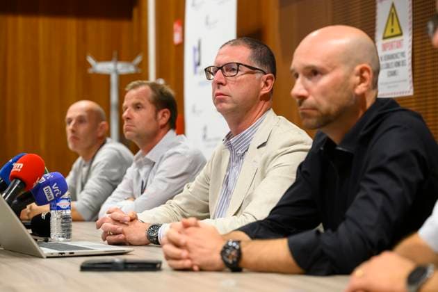 Child Body Found in Onhaye Press Conference NAMUR, BELGIUM - AUGUST 24: Etienne Gaublomme public prosecutor of Namur pictured with Namur Federal Judicial Police David DEMAUDE, Division Commissioner and David Rimeaux, during a press conference regarding the find of young boys dead body, named Timeo on August 24, 2026 in Namur, Belgium, 24 08 2026 Namur Belgium  Copyright: xPhilipxReynaersx