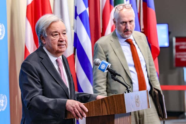August 24, 2026, New York, New York, United States: ANTONIO GUTERRES, Secretary-General of the United Nations, speaks at the Security Council stakeout on efforts to uphold navigational rights and freedoms. GUTERRES outlined a UN-developed confidence-building mechanism aimed at supporting more orderly and predictable transit through the Strait of Hormuz, initially focusing on fertilisers and related raw materials, amid disruptions to major maritime trade routes and growing pressure on global food and energy supplies. New York United States - ZUMAo116 20260824_znp_o116_015 Copyright: xBiancaxOterox