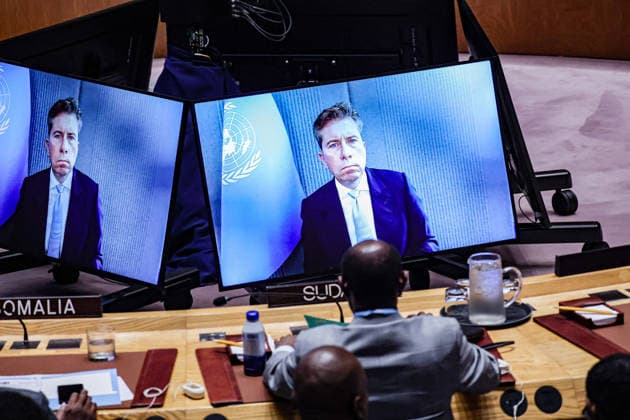 August 24, 2026, New York, New York, United States: TOM FLETCHER, United Nations Under-Secretary-General for Humanitarian Affairs and Emergency Relief Coordinator, is projected on a screen in front of the seating area of Sudan in the Security Council on the humanitarian crisis in Sudan, including continuing displacement, food insecurity, civilian protection and challenges to humanitarian access amid the ongoing conflict. New York United States - ZUMAo116 20260824_znp_o116_019 Copyright: xBiancaxOterox