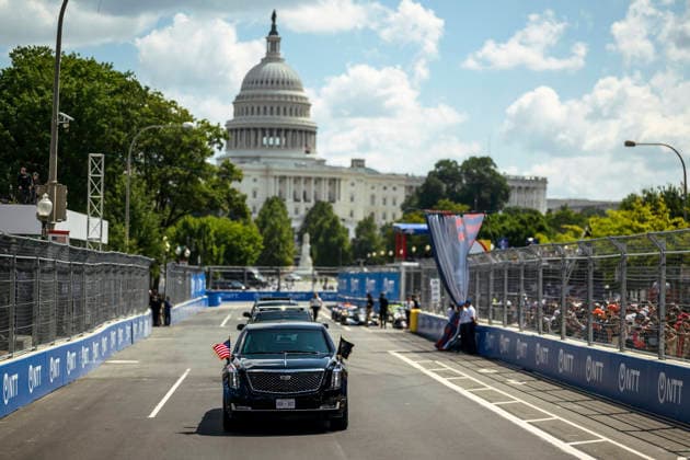 August 24, 2026, Washington, Dc, United States: U.S. President Donald Trump and First Lady Melania Trump take a ceremonial lap on the track in the presidential limousine known as Ã¢â‚¬oeThe BeastÃ¢â‚¬Â, before the start of the Freedom 250 Grand Prix Race, August 23, 2026 in Washington, D.C. Washington United States - ZUMAp138 20260824_zaa_p138_032 Copyright: xDanielxTorok WhitexHousex