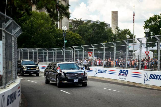 August 24, 2026, Washington, Dc, United States: U.S. President Donald Trump and First Lady Melania Trump take a ceremonial lap on the track in the presidential limousine known as Ã¢â‚¬oeThe BeastÃ¢â‚¬Â, before the start of the Freedom 250 Grand Prix Race, August 23, 2026 in Washington, D.C. Washington United States - ZUMAp138 20260824_zaa_p138_035 Copyright: xDanielxTorok WhitexHousex