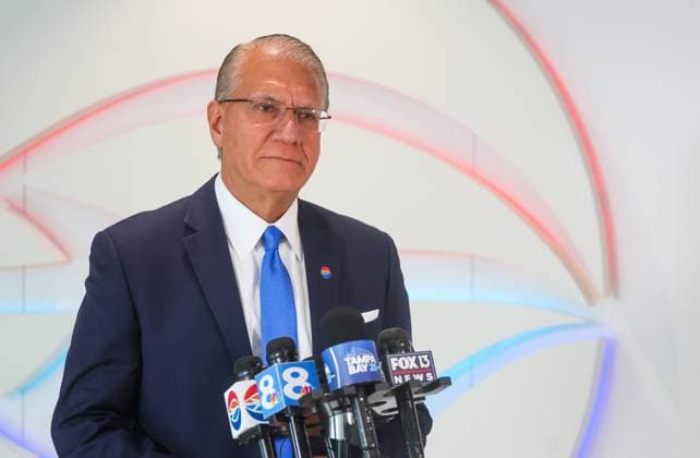 August 24, 2026, Tampa, Florida, USA: Tampa International Airport Chief Operating Officer John Tiliacos answers questions from reporters during a new conference at SkyCenter One at the airport on Monday, Aug. 24, 2026 in Tampa. Tampa International announced it s not privatizing its security on Monday. Tampa USA - ZUMAs70_ 20260824_zan_s70_004 Copyright: xDirkxShaddx