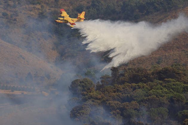 Aerial firefighting efforts battle forest fire near Trapani in Sicily, Italy TRAPANI, ITALY - AUGUST 24: Firefighting aircraft and helicopters battle a forest fire on the slopes of Mount Polizo near Trapani on the Italian island of Sicily, on August 24, 2026. Emergency teams launched an aerial operation, deployed three helicopters and two firefighting planes to contain the blaze and prevent it from spreading across the forested terrain. Alberto Lo Bianco Anadolu Trapani Italy. Editorial use only. Please get in touch for any other usage.  Copyright: x2026xAnadoluxAlbertoxLoxBiancox