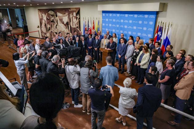 August 24, 2026, New York, New York, United States: LARS LOKKE RASMUSSEN, Minister for Foreign Affairs of Denmark and President of the Security Council for August, delivers a joint statement at the Security Council stakeout on Ukraine, surrounded by representatives of numerous Member States ahead of a Council meeting held on UkraineÃ¢â‚¬â ¢s Independence Day. The statement reaffirmed support for UkraineÃ¢â‚¬â ¢s sovereignty, independence and territorial integrity and called for a just and lasting peace. New York United States - ZUMAo116 20260824_znp_o116_046 Copyright: xBiancaxOterox