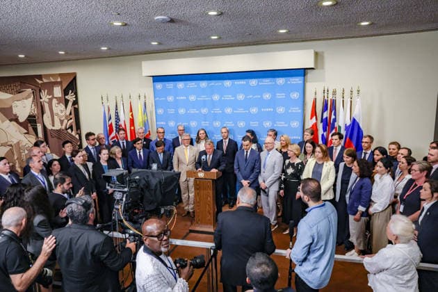 August 24, 2026, New York, New York, United States: LARS LOKKE RASMUSSEN, Minister for Foreign Affairs of Denmark and President of the Security Council for August, delivers a joint statement at the Security Council stakeout on Ukraine, surrounded by representatives of numerous Member States ahead of a Council meeting held on UkraineÃ¢â‚¬â ¢s Independence Day. The statement reaffirmed support for UkraineÃ¢â‚¬â ¢s sovereignty, independence and territorial integrity and called for a just and lasting peace. New York United States - ZUMAo116 20260824_znp_o116_047 Copyright: xBiancaxOterox