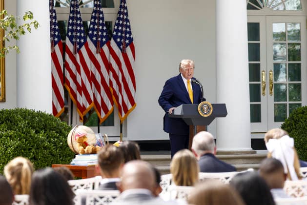 Trump Remarks at a School Choice Event at the White House United States President Donald J Trump arrives to deliver remarks during an education event in the Rose Garden of the White House in Washington DC, USA, 24 August 2026. President Trump and Secretary McMahon highlighted the administration’s school choice program as the new academic year begins. Credit: Will Oliver Pool via CNP Washington District of Columbia United States of America EDITORIAL USE ONLY Copyright: xx 082426wox07-6513824 WillxOliverx-xPoolxviaxCNPx cnpphotos339679