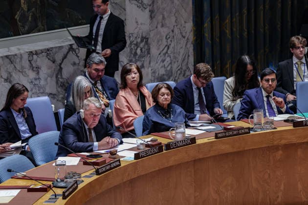 August 24, 2026, New York, New York, United States: LARS LOKKE RASMUSSEN, Minister for Foreign Affairs of Denmark and President of the Security Council for August, sits alongside ROSEMARY DICARLO, United Nations Under-Secretary-General for Political and Peacebuilding Affairs, during a Security Council meeting on Ukraine held on UkraineÃ¢â‚¬â ¢s Independence Day. DICARLO briefed the Council on the continuing war and diplomatic efforts, while RASMUSSEN chaired the meeting. New York United States - ZUMAo116 20260824_znp_o116_080 Copyright: xBiancaxOterox