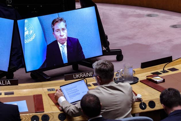 August 24, 2026, New York, New York, United States: TOM FLETCHER, United Nations Under-Secretary-General for Humanitarian Affairs and Emergency Relief Coordinator, is projected on screen as he briefs the Security Council remotely during a meeting on Ukraine held on UkraineÃ¢â‚¬â ¢s Independence Day. In the foreground, ANDRII MELNYK, Permanent Representative of Ukraine to the United Nations, looks at his prepared remarks on a computer. New York United States - ZUMAo116 20260824_znp_o116_085 Copyright: xBiancaxOterox