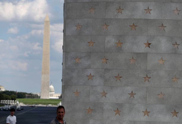 August 24, 2026, Washington, District Of Columbia, USA: The National Military Monument near the Lincoln Memorial in Washington, DC, USA, on August 24, 2026. As part of the American 250 celebrations, the National Military Monument, which emulates stone, displays the names of 41 million U.S. service members on the screen. Washington USA - ZUMAs337 20260824_znp_s337_021 Copyright: xGentxShkullakux
