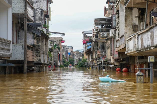 LONGZHOU, CHINA - AUGUST 24: A general view shows flooded streets in Longzhou County on August 24, 2026 in Longzhou, Guangxi Zhuang Autonomous Region of China. Heavy rainfall from Typhoon Yinxing and upstream water flow caused the Zuo River water level to rise continuously, submerging parts of the urban area while local authorities continue rescue operations.  Copyright: xChinaxNewsxServicex 111661931536