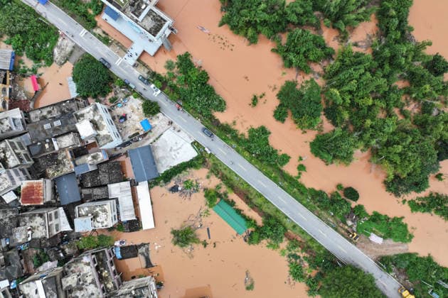 NINGMING, CHINA - AUGUST 24: An aerial view shows flooded areas in Ningming County on August 24, 2026 in Ningming, Guangxi Zhuang Autonomous Region of China. Heavy rainfall brought by Typhoon Narra flooded the low-lying areas in south China s Guangxi Zhuang Autonomous Region.  Copyright: xChinaxNewsxServicex 111661873738