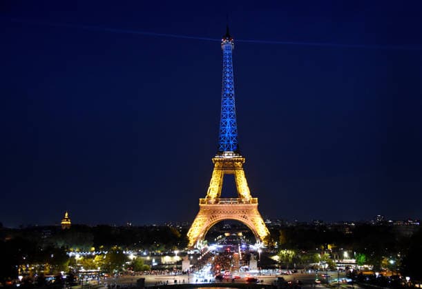 Eiffel Tower Illuminated For Ukraine Independence Day - Paris Illumination ceremony of the Eiffel Tower on the occasion of the Ukrainian national holiday, symbol of the proclamation of its independence in Paris, France on August 24, 2026. Photo by Alain Apaydin ABACAPRESS Paris France  Copyright: xApaydinxAlain ABACAx