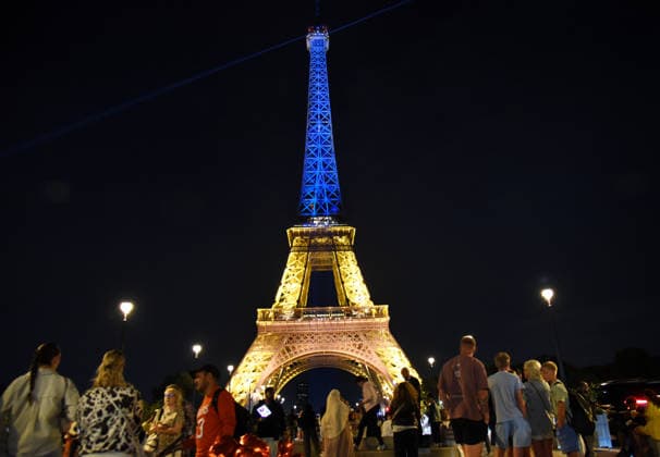 Eiffel Tower Illuminated For Ukraine Independence Day - Paris Illumination ceremony of the Eiffel Tower on the occasion of the Ukrainian national holiday, symbol of the proclamation of its independence in Paris, France on August 24, 2026. Photo by Alain Apaydin ABACAPRESS Paris France  Copyright: xApaydinxAlain ABACAx