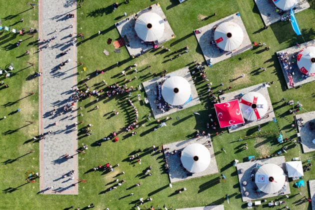 955th Anniversary of Malazgirt Victory in Bitlis, Turkiye BITLIS, TURKIYE - AUGUST 25: An aerial view shows crowds and traditional tents at Recep Tayyip Erdogan Ahlat National Garden during events marking the 955th anniversary of the Malazgirt Victory (Battle of Manzikert), on August 25, 2026 in Ahlat, Bitlis, Turkiye. The celebrations, held in the Carho area and centered around the Sultan Alparslan encampment, continued for a third day and drew residents as well as visitors from across the country. The 1071 Battle of Manzikert is widely regarded as a major turning point in Anatolian history, accelerating Turkic settlement in the region following the Seljuk victory over the Byzantine Empire. Ozkan Bilgin Anadolu Bitlis Turkey. Editorial u  Copyright: x2026xAnadoluxOzkanxBilginx