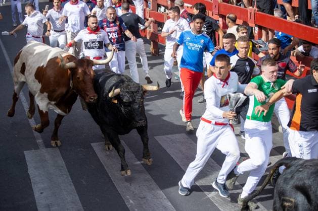 August 25, 2026, Madrid, Spain: Several runners run through a street during the first bull run of the San Sebastian de los Reyes festivities..First bull run of the San Sebastian de los Reyes festivities, a town located north of Madrid, with bulls from the Hermanos Tardeu ranch. The San Sebastian de los Reyes festivities, also known as the Sanse Festival or Little Pamplona, are celebrated in honor of the Holy Christ of the Remedies and take place every year during the last week of August. Madrid Spain - ZUMAs197 20260825_aaa_s197_003 Copyright: xDavidxCanalesx