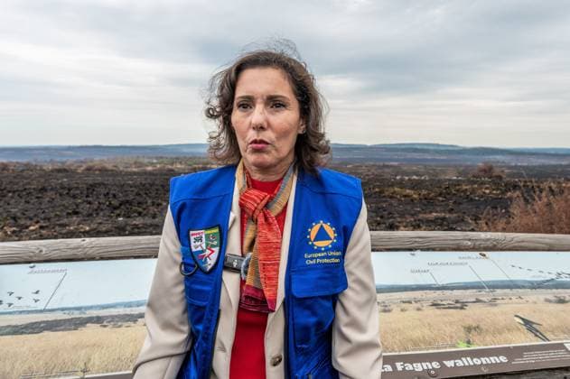EU Commissioner for Equality, Preparedness and Crisis Management Hadja Lahbib pictured at a visit at the Botrange panorama deck, in Waimes, on Tuesday 25 August 2026. European commissionner Lahbib visit several sites regarding the fire in the Hautes Fagnes (Hugh Fens) wich started on August 14th with 3000 hectares (on a total of 4500) impacted in the nature reserve.  EMILExWINDAL 184243849