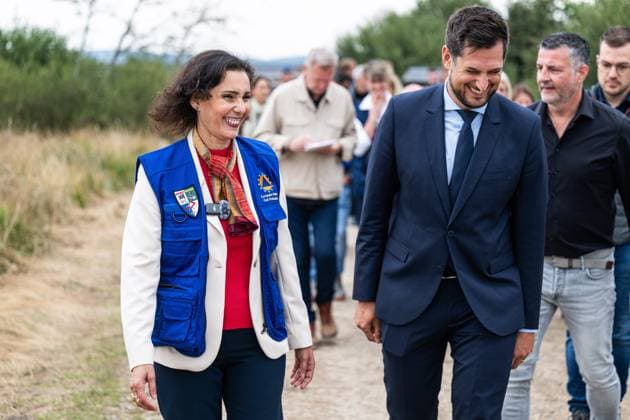 Walloon Minister President Adrien Dolimont and EU Commissioner for Equality, Preparedness and Crisis Management Hadja Lahbib pictured at a visit at the Botrange panorama deck, in Waimes, on Tuesday 25 August 2026. European commissionner Lahbib visit several sites regarding the fire in the Hautes Fagnes (Hugh Fens) wich started on August 14th with 3000 hectares (on a total of 4500) impacted in the nature reserve.  EMILExWINDAL 184244566