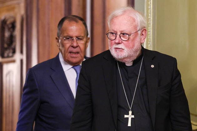 RUSSIA, MOSCOW - AUGUST 25, 2026: Archbishop Paul Richard Gallagher (R), Vatican s Secretary for Relations with States, and Russia s Foreign Minister Sergei Lavrov ahead of a press briefing following their talks at the Reception House of the Russian Foreign Ministry. Sergei Bulkin TASS  96627472